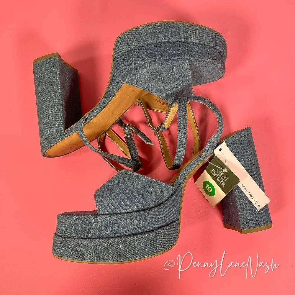 Wild Fable Chunky Block High Heels Denim Sandal Size10 Blue - Picture 10 of 11